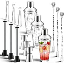 3 Pack Glass Cocktail Shaker Set, 23oz Bartender Kit with Built-in Strainer, Ice Tongs, Measuring Jigger, Muddler & Mixing Spoon, Professional Bar Tools for Home Bartending & Mixology
