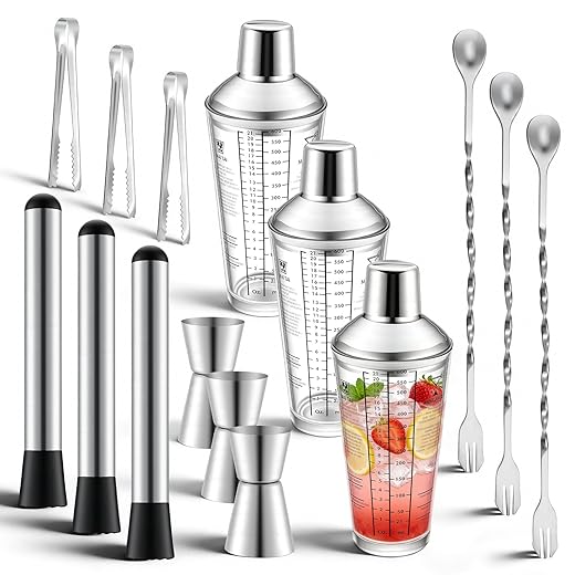 3 Pack Glass Cocktail Shaker Set, 23oz Bartender Kit with Built-in Strainer, Ice Tongs, Measuring Jigger, Muddler & Mixing Spoon, Professional Bar Tools for Home Bartending & Mixology