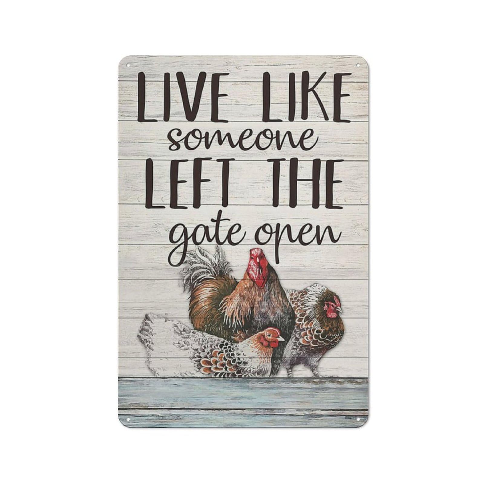 Kisoyo Tin-20 Rustic Metal Tin Sign Beautiful Rooster And Hen Live Like Someone Left The Gate Open Novelty Iron Printing Metal Art Bar Pub Man Cave Decor Poster 8X12 Inch