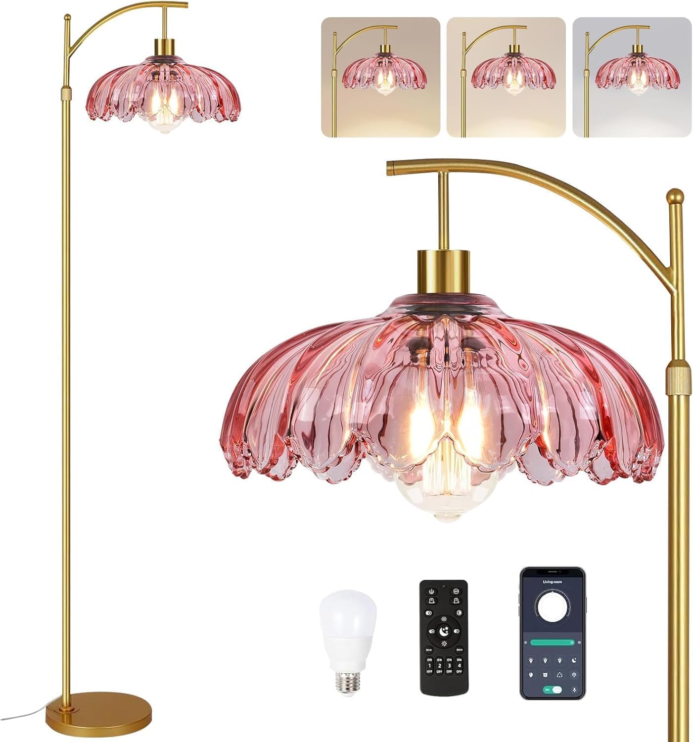 Gold Arc Floor Lamp for Living Room Bedroom,Mid Century Modern Standing Lamp with Remote,Dimmable Brass Tall Lamp Pink Flower Glass Lamp,Adjustable Vintage Floor Lamps Floor Light for Corner Office