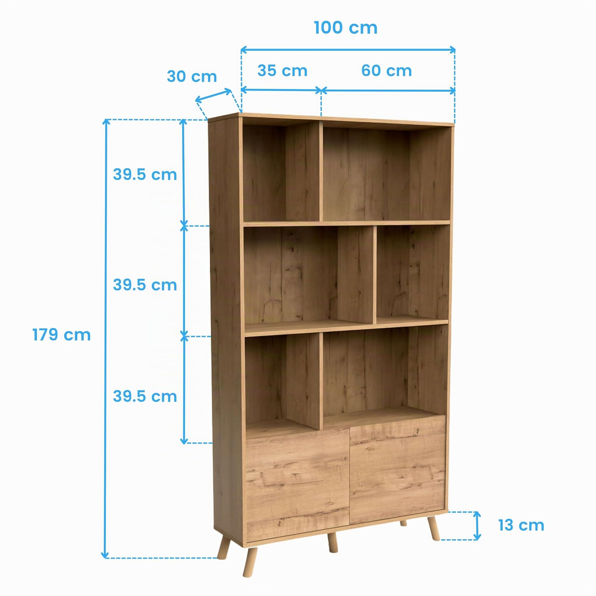 MUEBLES PITARCH | Librería de Salón, Oficina o Despacho, 2 Puertas y 3 Estantes, Patas, Roble Gold, 179x100x30cm (Alto x Ancho x Fondo), Moderna, Nórdica, Elegante, Resistente, Modelo Oslo