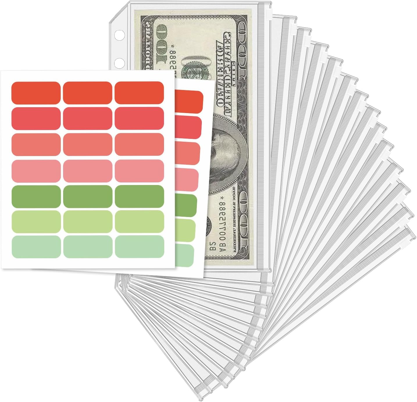 16 Pcs A6 Zippered Binder Envelope Pouches for 6-Ring Budget Cash System, Clear Inserts for Money Saving and Budgeting, With 42 Sticky Labels