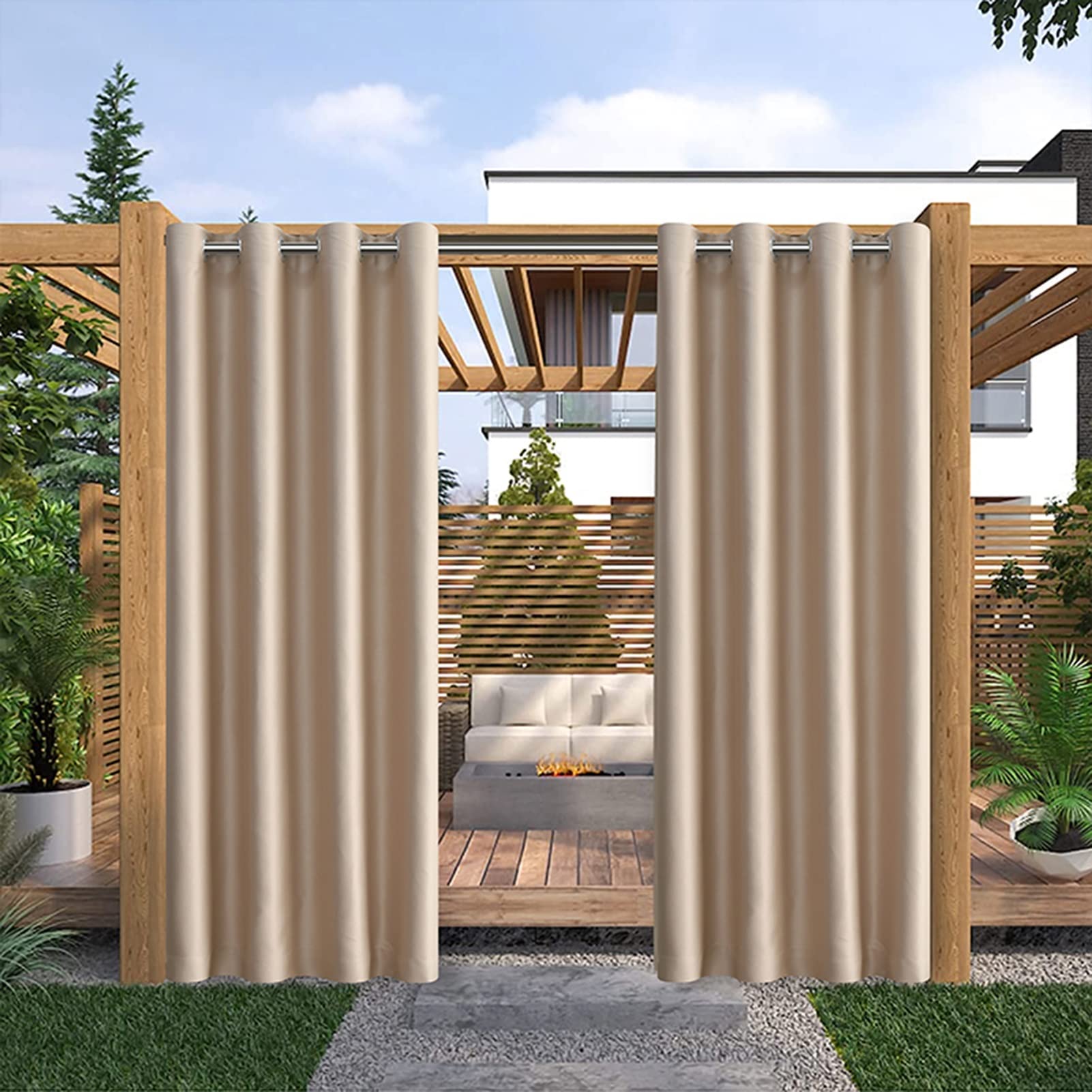 Rideau d'extérieur anti-UV et pluie pour abriter une terrasse beige