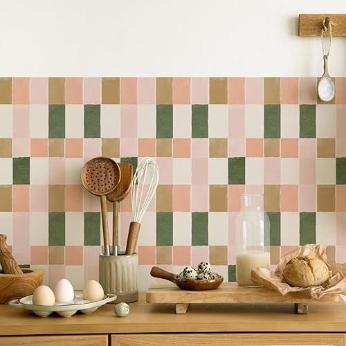 Miniatura 3 de 1 juego de 10 azulejos de vinilo retro rosa y verde para despegar y pegar, para cocina y baño, escaleras, removible amigable para inquilinos (7.87 x