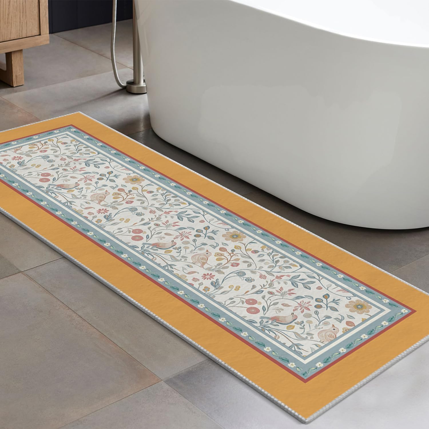 Artoid Mode Orange Bird Floral Spring Runner Rug, Summer Home Decor Low-Profile Non-Slip Washable Area Rug for Entryway Bedroom Kitchen Laundry Room Indoor 2x6 Feet