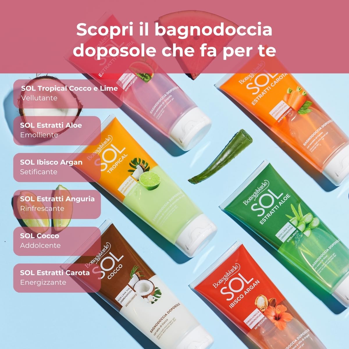 Bottega Verde - SOL Estratti Anguria, Bagnodoccia Doposole, 200 ml, Prolunga l'Abbronzatura, con Estratto di Anguria, Azione Rinfrescante, per Tutti i Tipi di Pelle