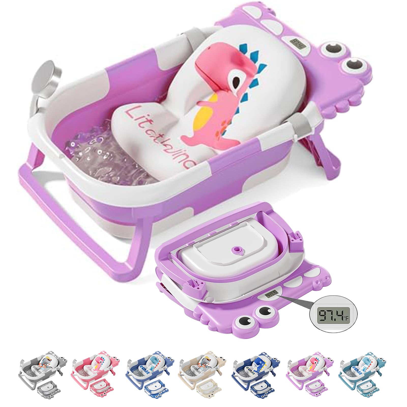 TPN Collapsible Baby Bathtub, Baby Bath Tub with Soft Cushion & Real-Time Thermometer, Baby Bathtub Infant to Toddler Tub (0-36 Months), Portable