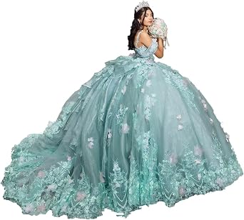Zhangyo Spaghetti Strap Quinceanera Dresses with Bow Beaded 3D Flowers | Sweet 16 Dresses with Train Puffy Lace Prom Dress