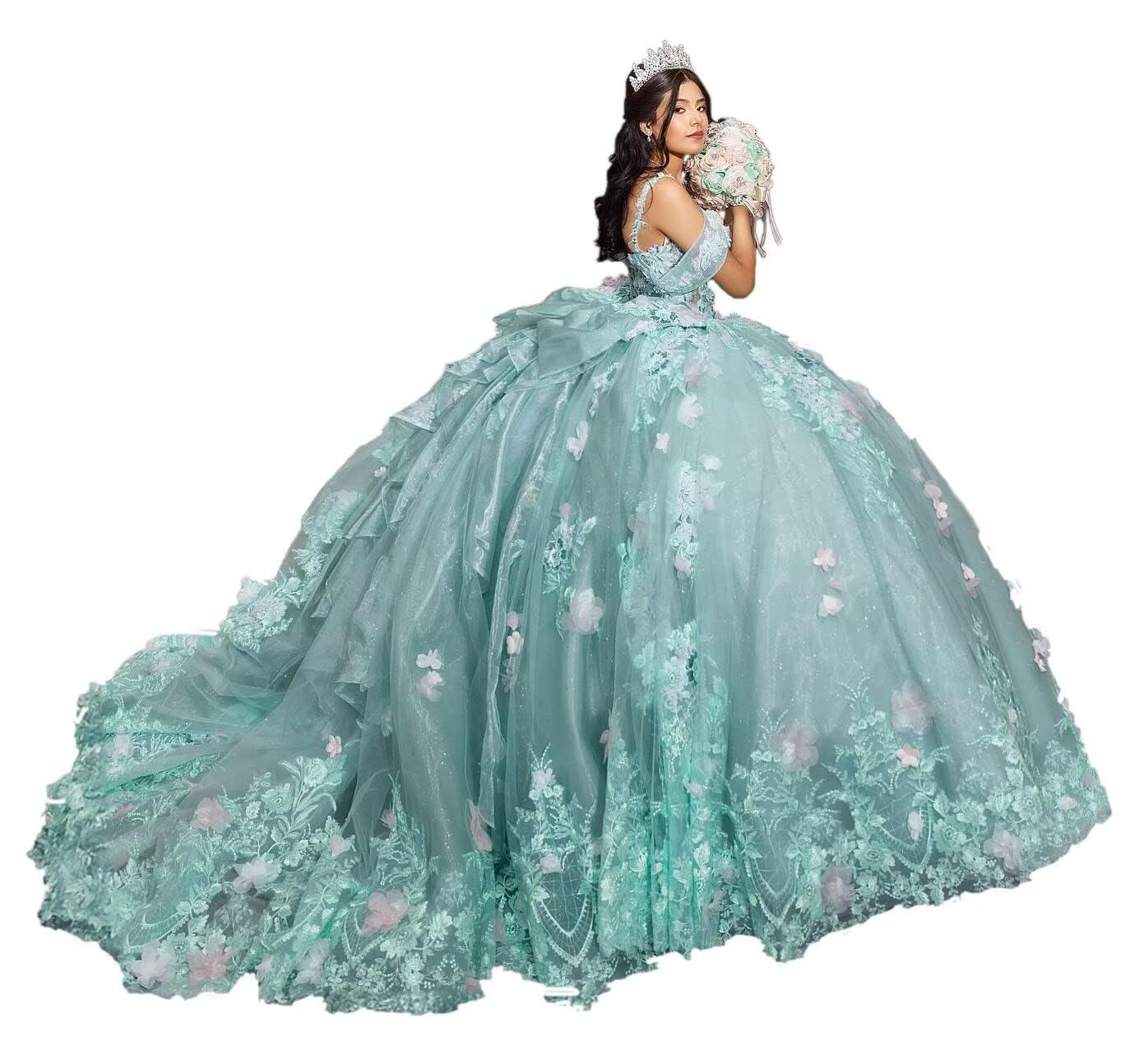 Zhangyo Spaghetti Strap Quinceanera Dresses with Bow Beaded 3D Flowers Sweet 16 Dresses with Train Puffy Lace Prom Dress