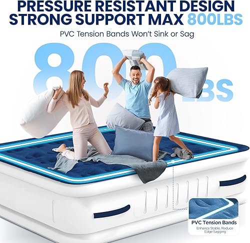 Miniatura 4 de KINGJERRY Colchón de aire Queen con bomba incorporada, 4 asas portátiles, comodidad elevada de 18 pulgadas, a prueba de fugas, diseño anticolapso,