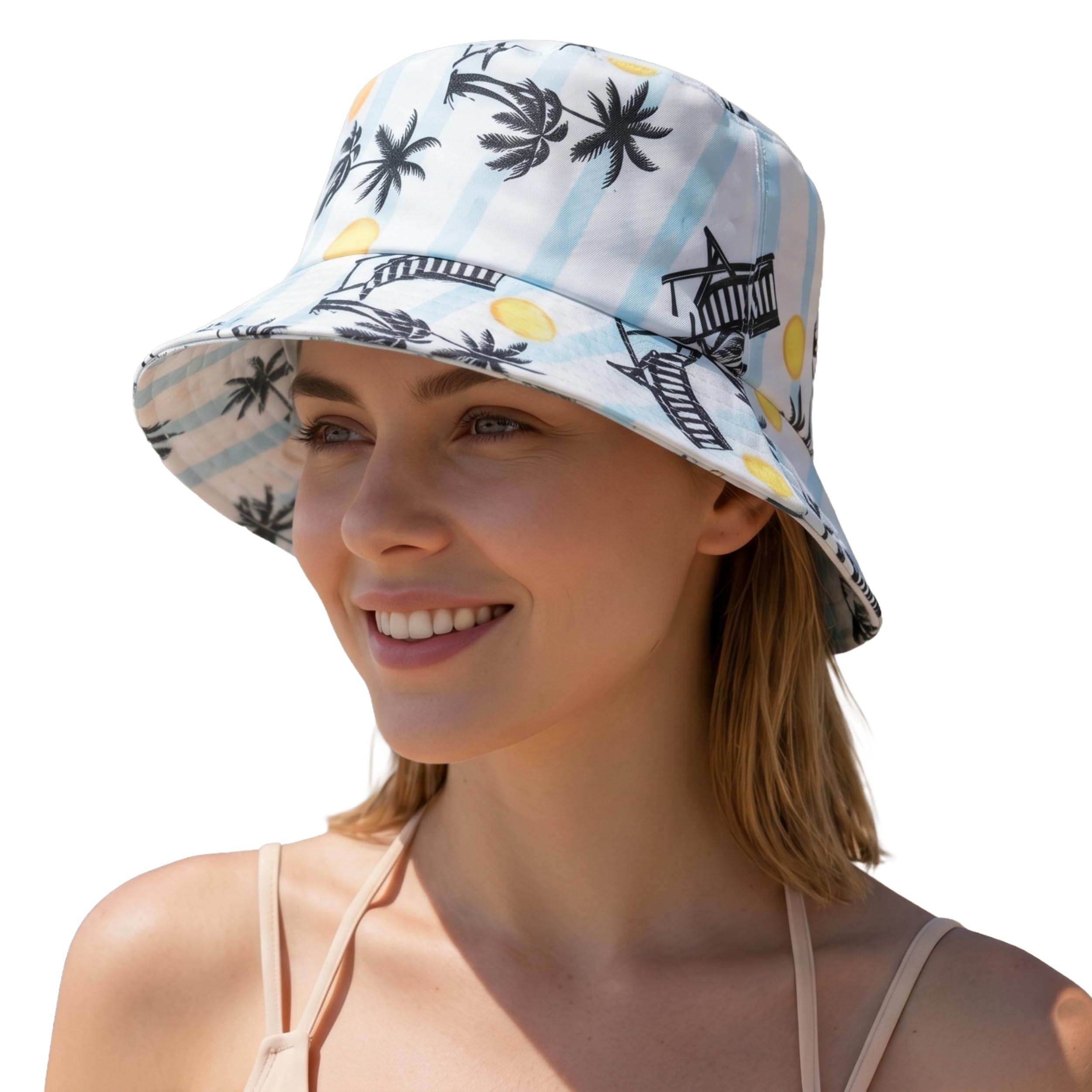 Bucket Hat for Women, Tropical Summer Beach Sun Hat with Palm Tree Print, Stylish Wide Brim Packable Travel Cap, Outdoor UV Protection Fisherman Hat for Ladies and Girls! Best White-image-29