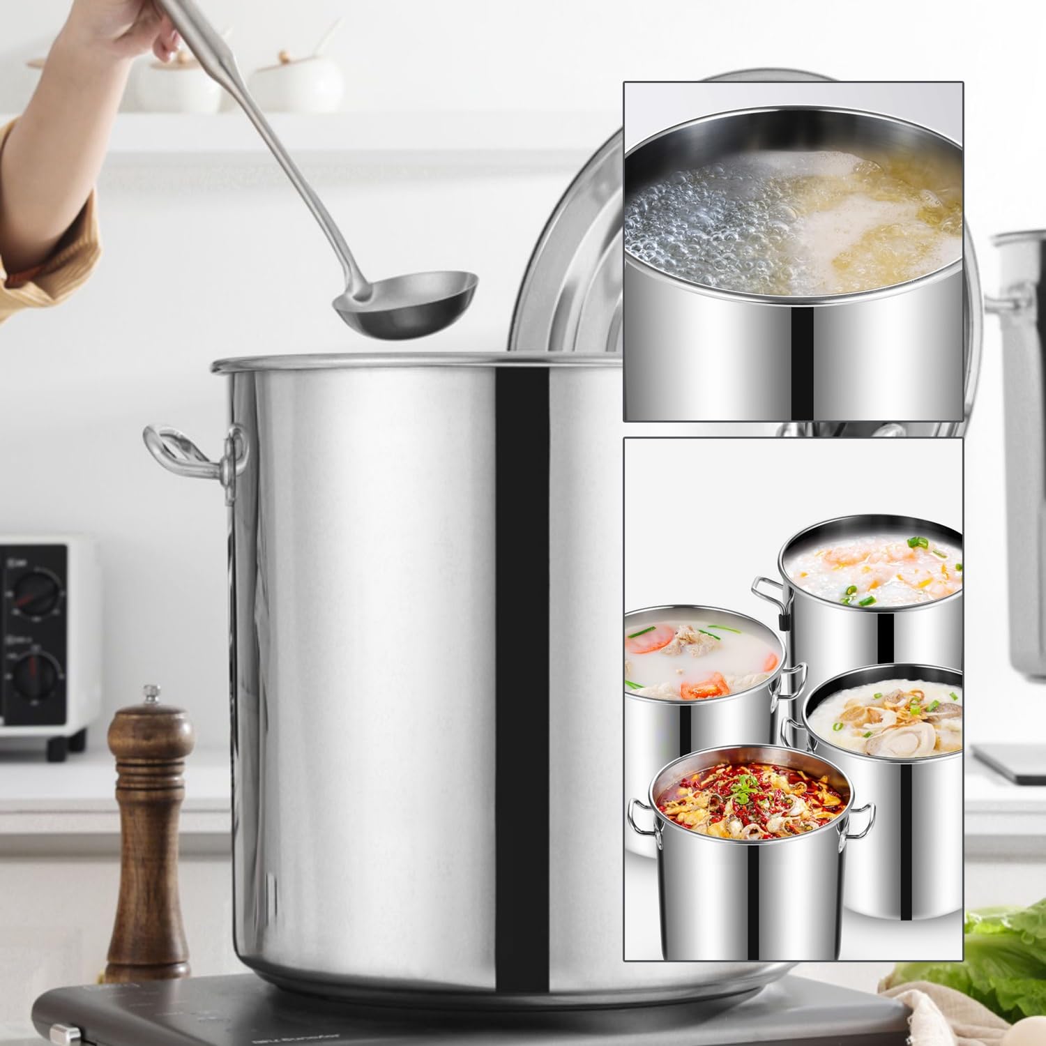 Grande pentola in acciaio inox con coperchio, versatile per casa e ristorante, dimensioni da 5,5 l a 160 l, perfetta per zuppe, stufati e conserve. Acciaio: 45 l, profondità: 40 cm x altezza