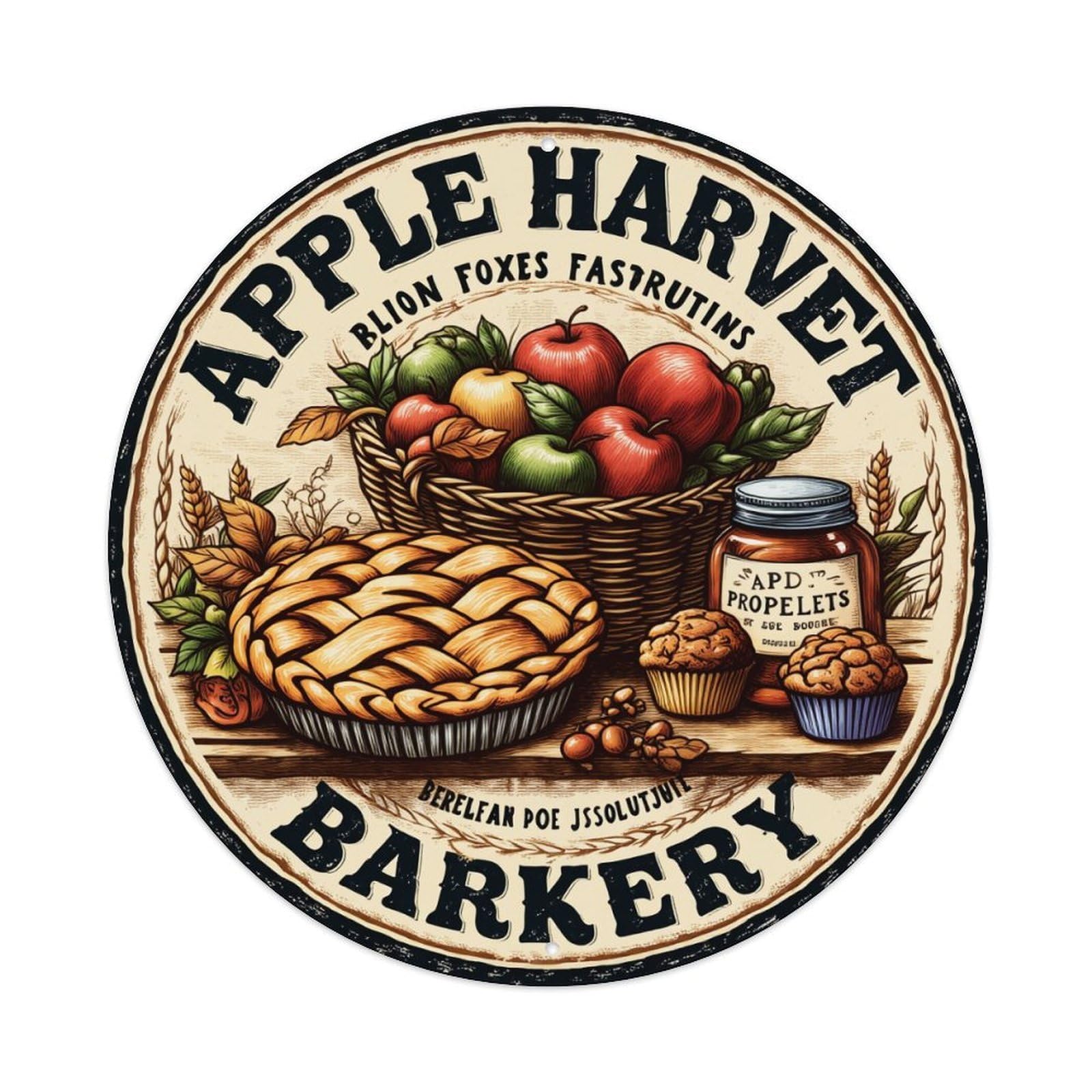Apple Harvest Bakery Pattern Print Round Tin Sign Vintage Metal Poster, Home Bar Garage Man Cave Cafe Indoor & Outdoor Wall Decoration 8x8Inches