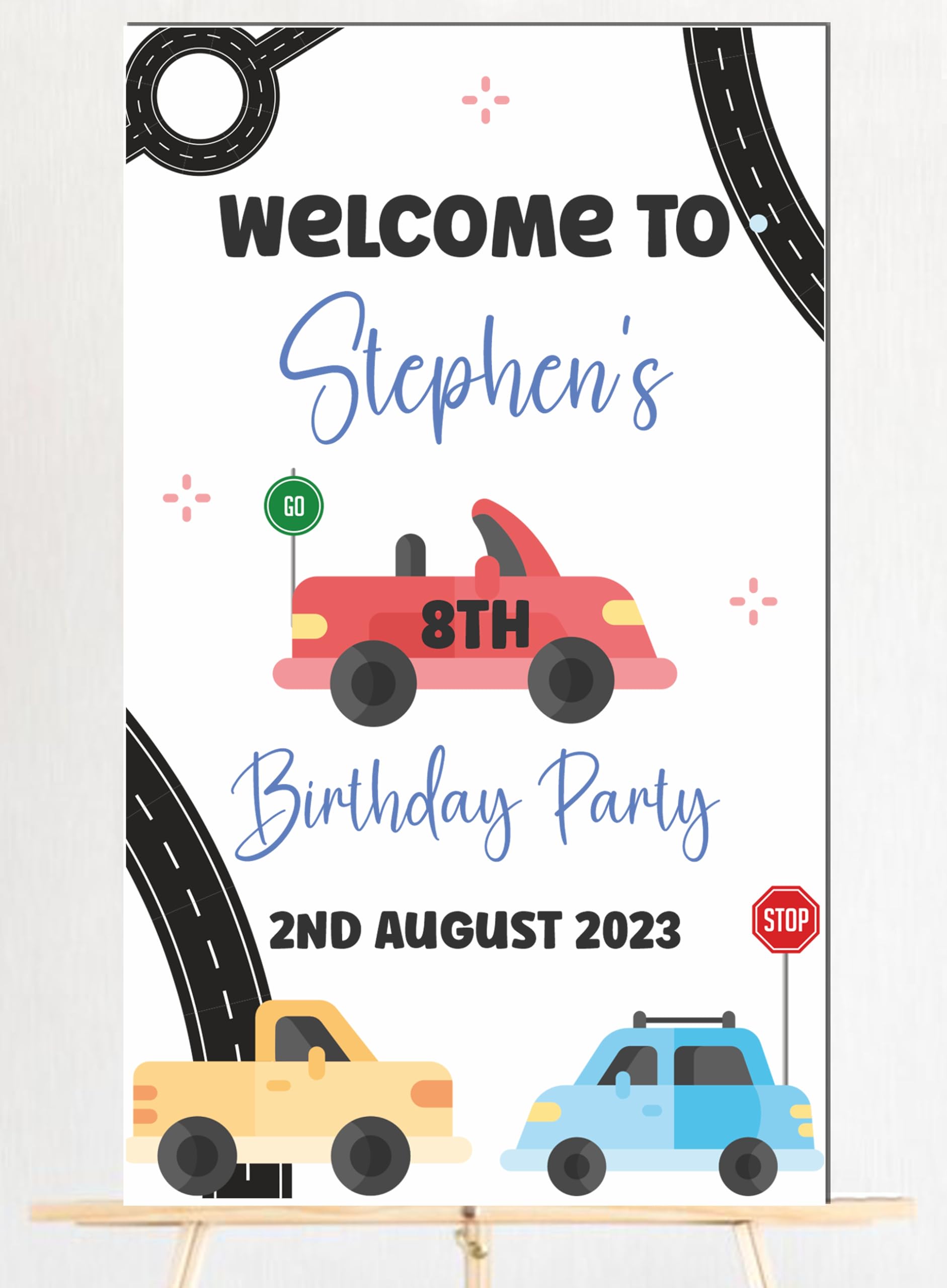 Personalised Kids Wooden Birthday Party Welcome Board โ 14 Fun Designs 50cm x 30cm (Gaming, Dinosaur, Football, Rainbow, Unicorn, Space, Car, Tractor & More!) (Car)