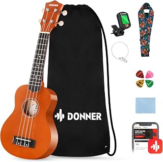 Donner Soprano Ukulele Başlangıç Kiti Ukulele 21 inç Başlangıç Seti Yetişkin Ukelele Hawaii Gitar Uke Çevrimiçi Ders Tel Akort Aleti Pena DUS-10 Maun