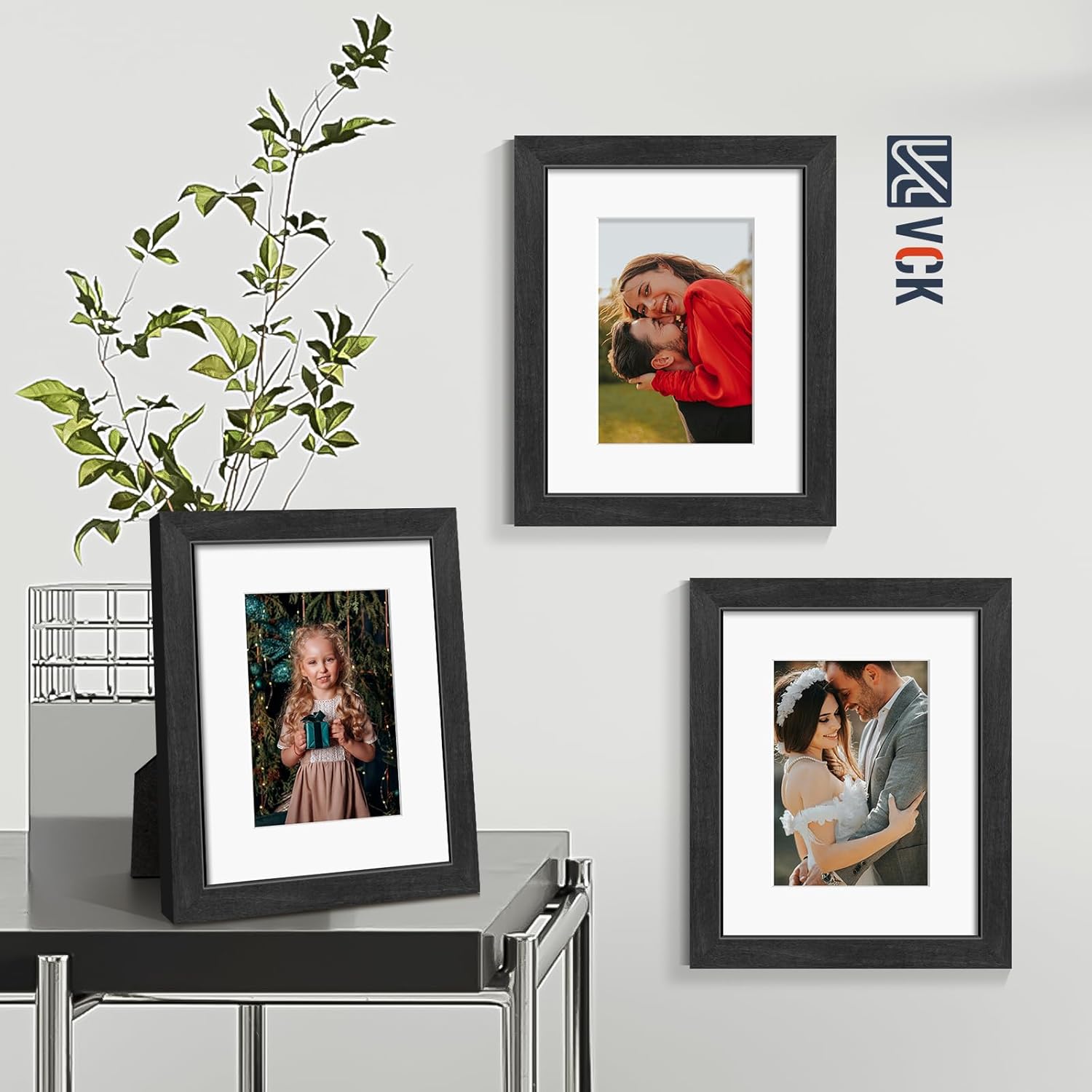 VCK 8x10 Picture Frames Black 3 Pack, Wide Border Solid Wood, Tempered Glass, Display 5x7 Photo with Mat or 8 x 10 without, for Home, Office, Gallery, Woodgrain Series, Tabletop & Wall Hanging