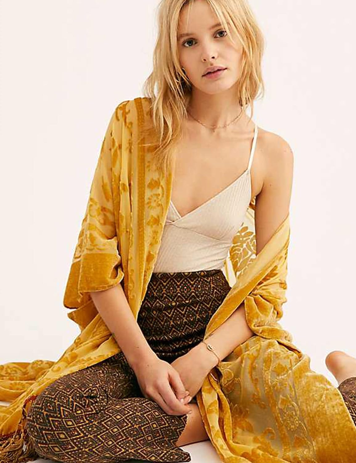 Women's Burnout Velvet Kimono Long Cardigan Cover Up With Tassel