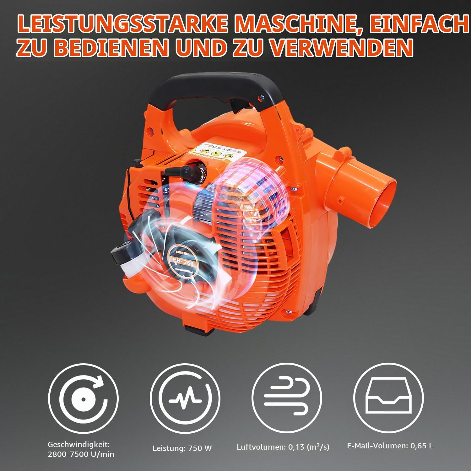 Laubbläser, 26cc, Benzin, 7500rpm, für Garten und Schnee | 2-Takt-Motor; leicht; für Laub, Schnee und Staub.