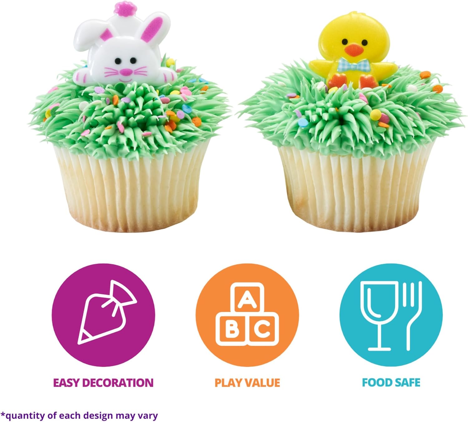 Duck & Bunny Easter Cupcake Rings, 24 Cute Spring Animal Cupcake Toppers, Food Safe Rabbit & Chick Cake Decorations - 24 Pack