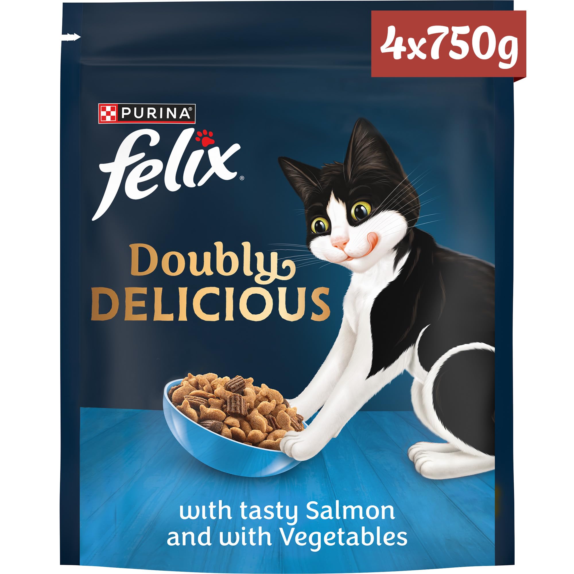 FELIX Doubly Delicious Salmon & Vegetables Dry Cat Food 750g (Pack of 4)