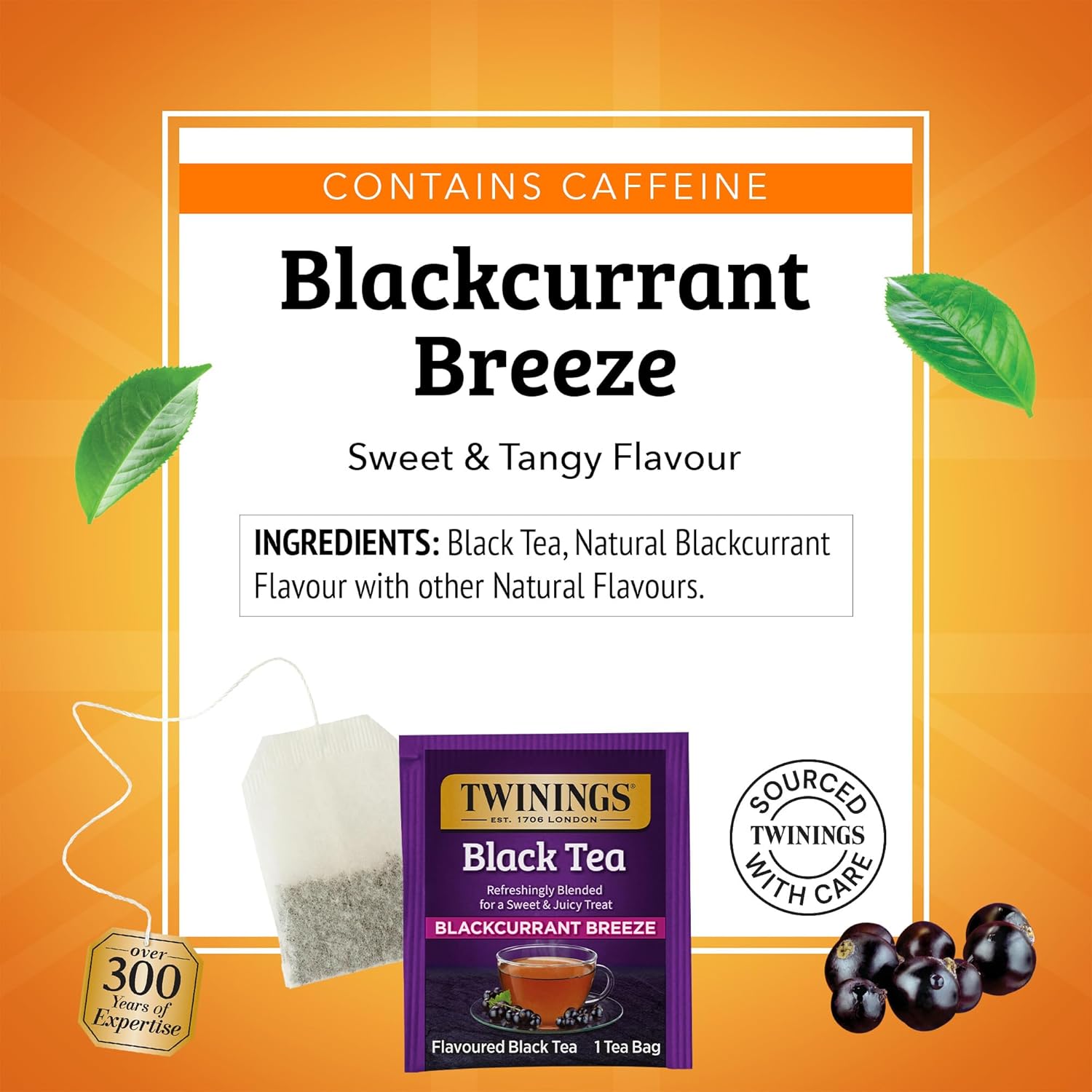 Twinings Blackcurrant Breeze Black Tea Individually Wrapped Bags, 20 Count (Pack of 4), Sweet, Tangy Taste, Caffeinated, Enjoy Hot or Iced, 80 Teabags.