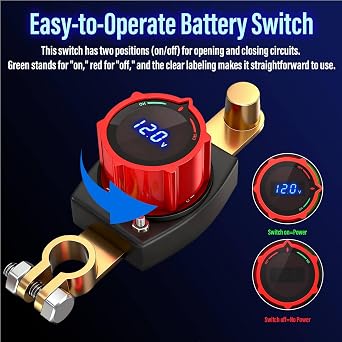 SUNMORN Battery Disconnect Switch, 12V Cut Off IP67 Waterproof Shut Off Switch, for Car, Truck, RV, Boat, Marine, Tractor, SUV, Off-Road, Prevent Battery Drain (Top Post with LED Voltmeter)