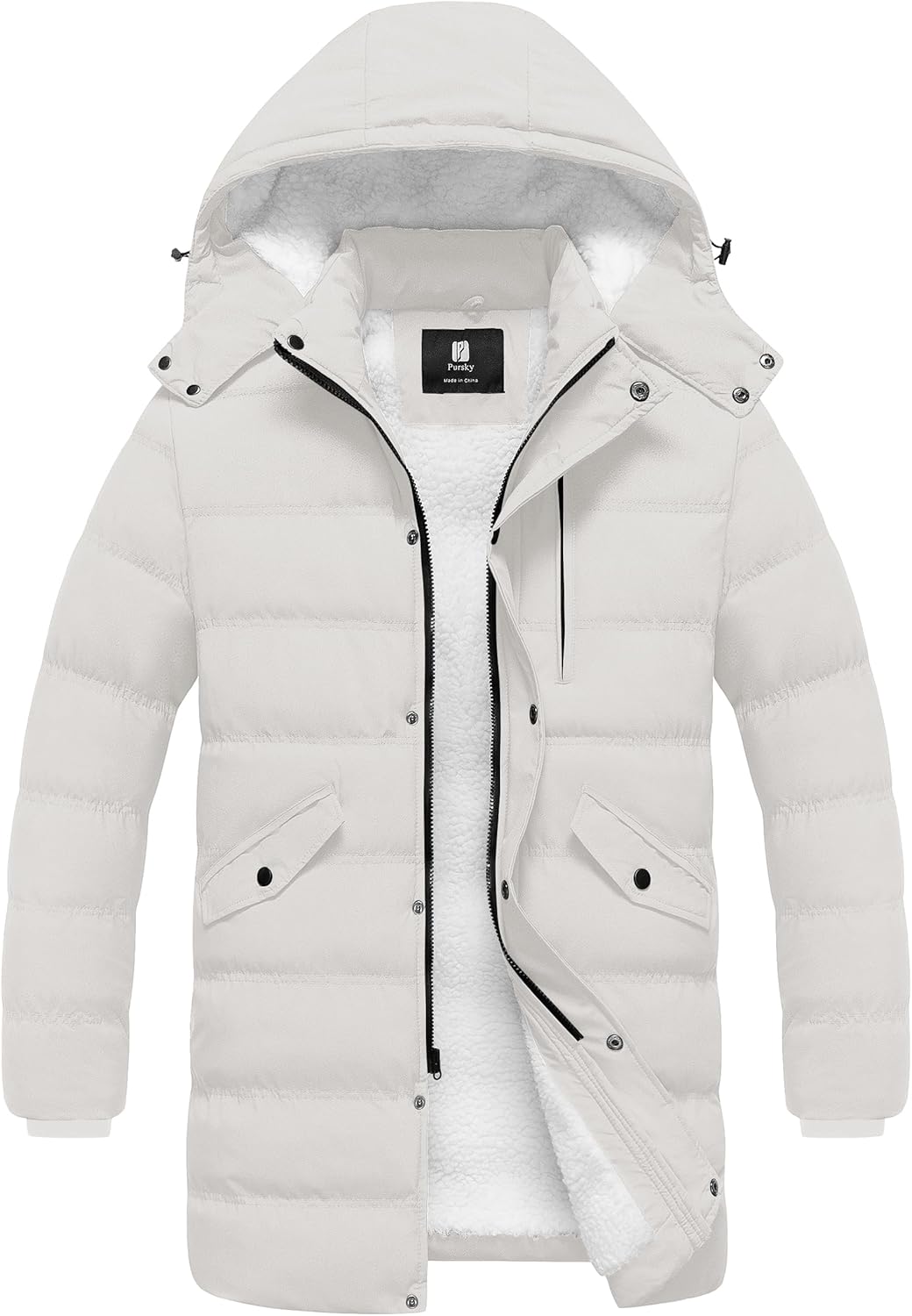 Pursky Men's Long Winter Coat Warm Sherpa Lined Quilted Puffer Jacket Waterproof Thicken Puffy Parka with Hood