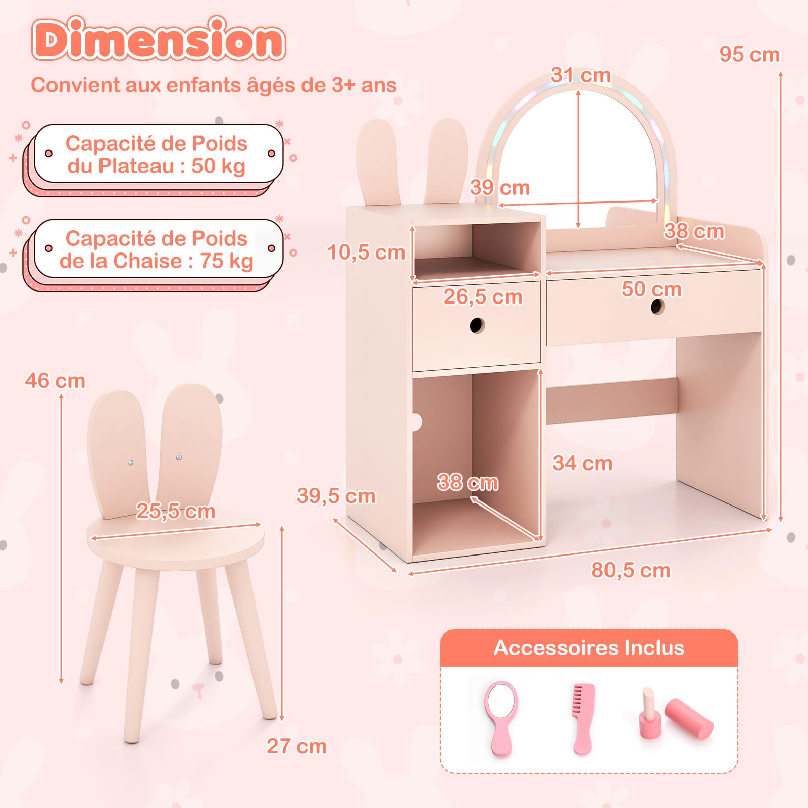 COSTWAY Coiffeuse Enfant Fille avec Chaise et Miroir Lumineux, Bureau Enfant en Forme de Lapin avec Étagères Ouvertes et Tiroirs de Rangement, pour Chambre d'enfant, Salle de Jeux, 3+ Ans (Rose)