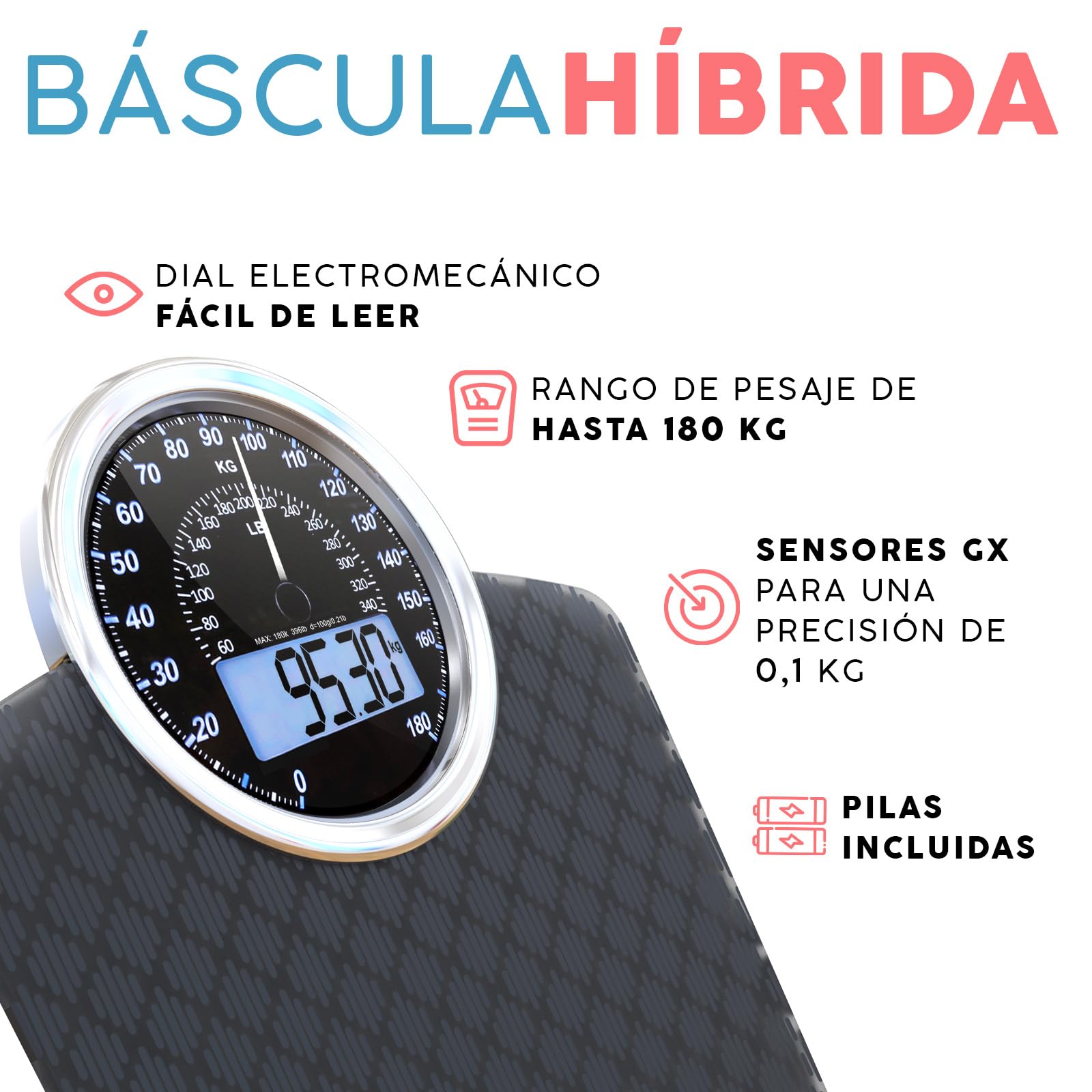 Hybrid Báscula de Baño - Analógica & Digital, Precisa hasta 180 kg | Vea su peso en el cuadrante analógico y LCD a la vez. Plataforma ancha, 3 pilas AAA incluidas, lista para usar.