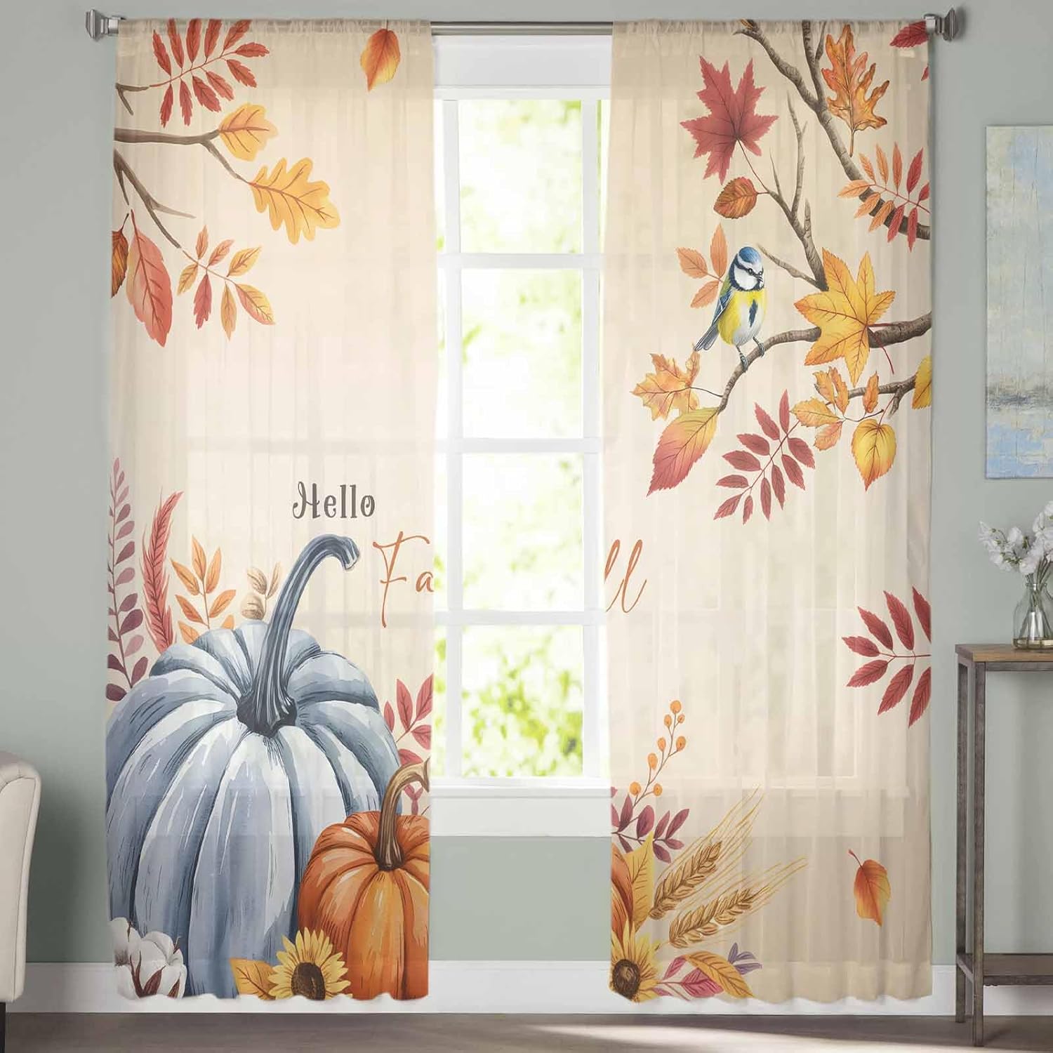 2 PCS Hello Fall Semi-Sheer Curtains 63 Inches Long - Rod Pocket Voile Panels, Window Drape Chiffon Fabric Sheer Curtains for Living Room Bedroom, Thanksgiving Pumpkin Leaves Bird Blue Orange 104x63