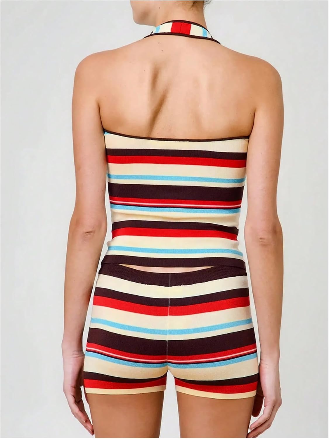 Milumia Women's 2 Piece Outfits Striped Halter Neck Crop Tank Top Mini Shorts Matching Sets
