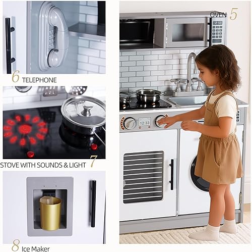 Miniatura 6 de Juego de cocina, juego de cocina de juguete de madera con luz, juguetes Montessori, juego de cocina para niños y niñas a partir de 3 años