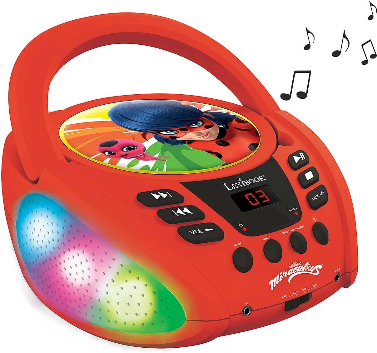 LEXIBOOK, Miraculous Ladybug Cat Noir, Bluetooth CD Player for Kids, Portable, Multicoloured Light Effects, Microphone Jack, Aux-in Jack, AC or Battery-Operated, Girls, Boys, Red, RCD109MI