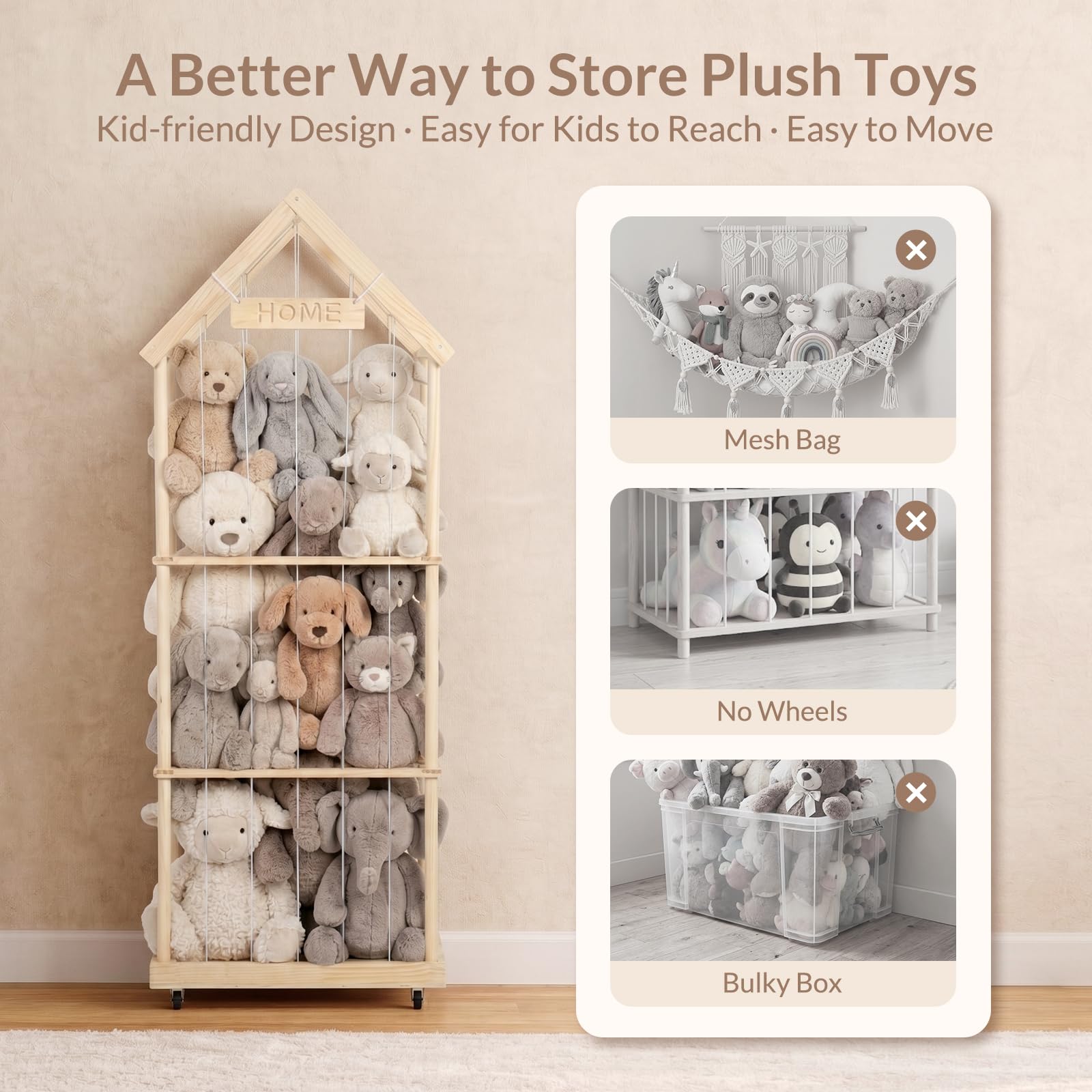 Todeco Organizador Peluches 164x32x58 cm 3 Niveles con Ruedas 360° | Espacio Extra, De Madera, Ahorro de Espacio para Dormitorio y Sala de Juegos