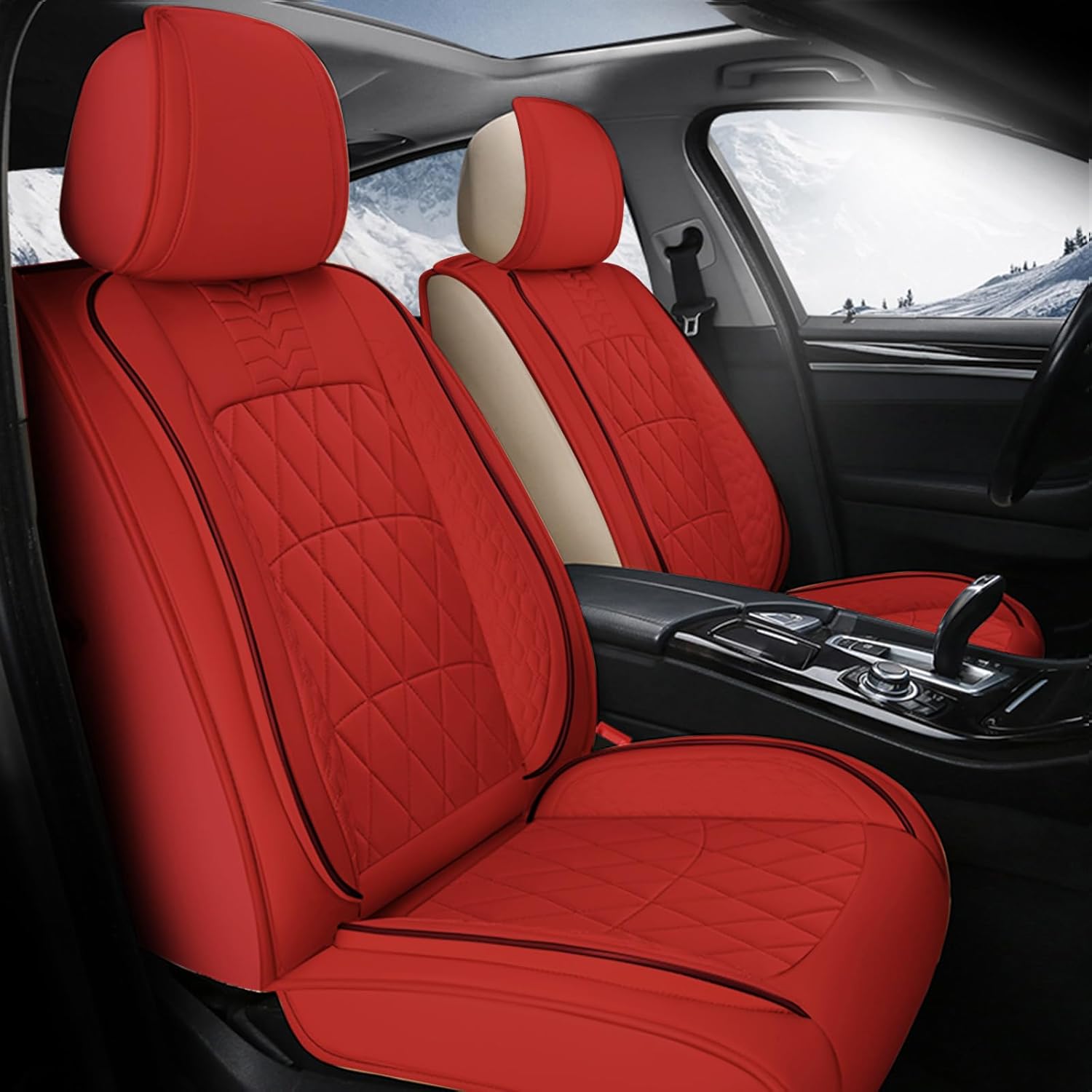 otoez Full Coverage Leather Car Seat Covers Full Set, Automotive Front & Rear Seat Covers, Waterproof Universal Car Seat Cushion Protector for Most Cars SUV Pick-up Truck Sedan (Red, No Pillow)