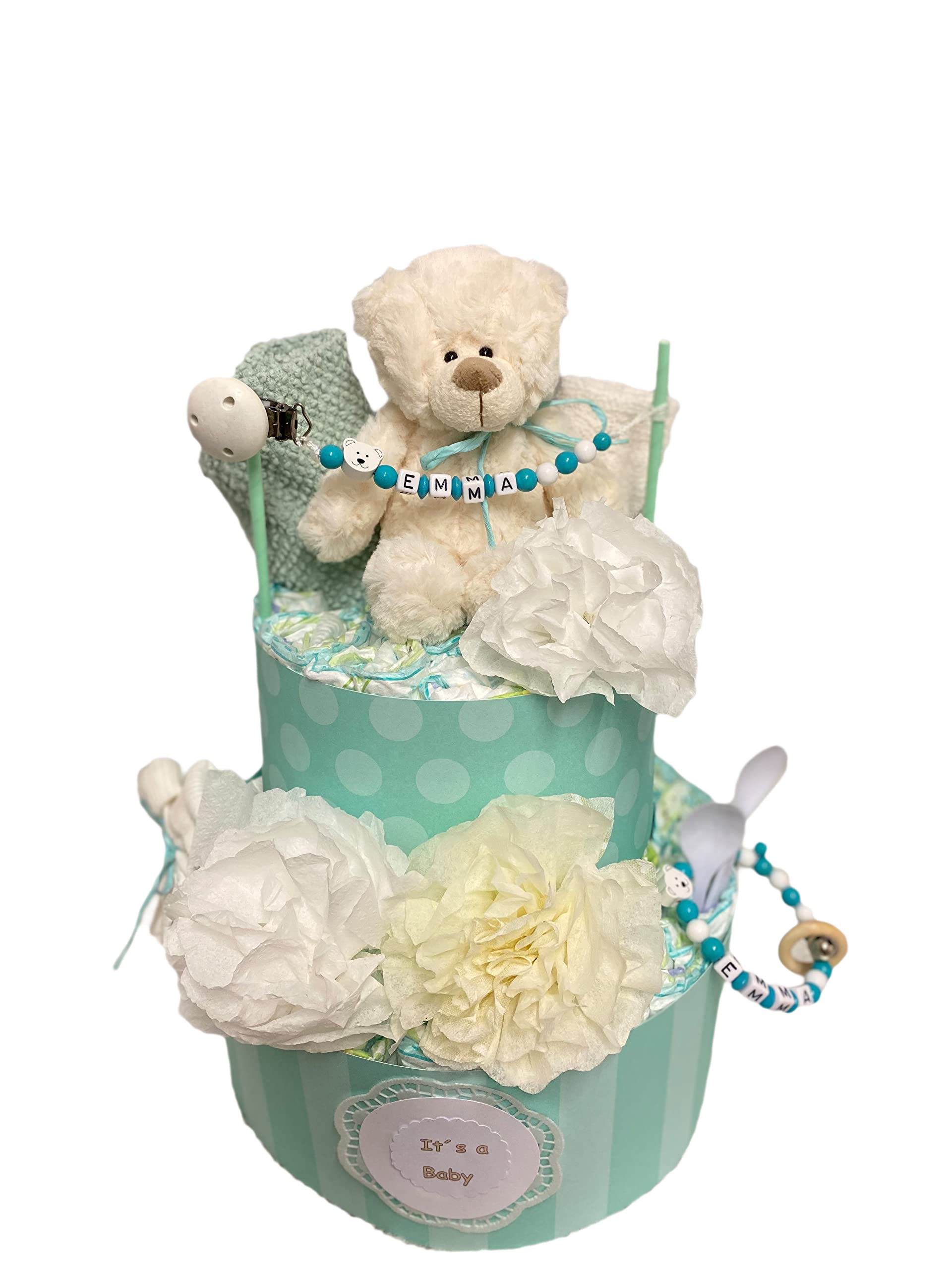 Sinchns Bastelzauber Windeltorte Teddy Bär PomPom Mint Boho Personalisiert Handmade mit ca. 50 Windeln Größe 3