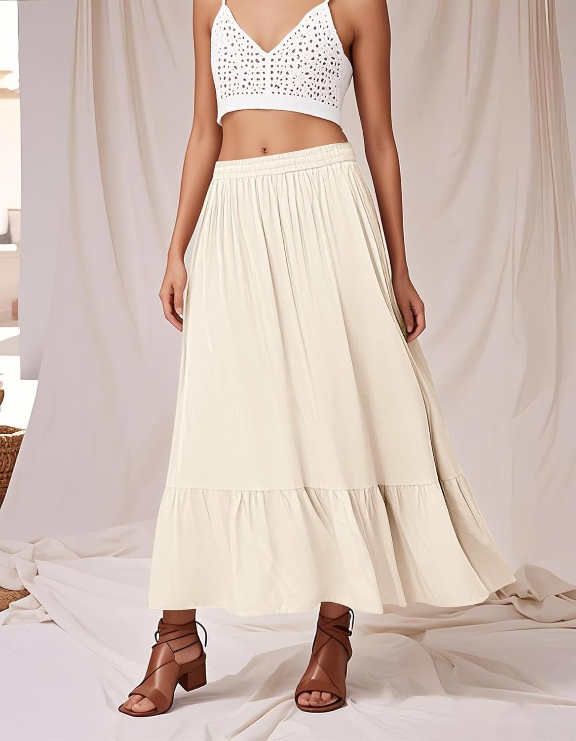 Urban CoCo Women's Boho Flowy Maxi Skirt Elastic Waisted A-Line Summer Beach Skirts with Pockets - Image 4