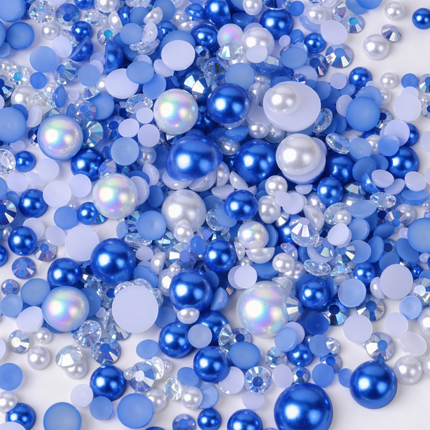 30g Mix Flat Back Pearls and Rhinestones, Mixed Size Pearls for Crafting Blue White Flatback Pearl Rhinestones for DIY Crafts Face Makeup Nail Art Clothes Shoes Cups (3mm-10mm)