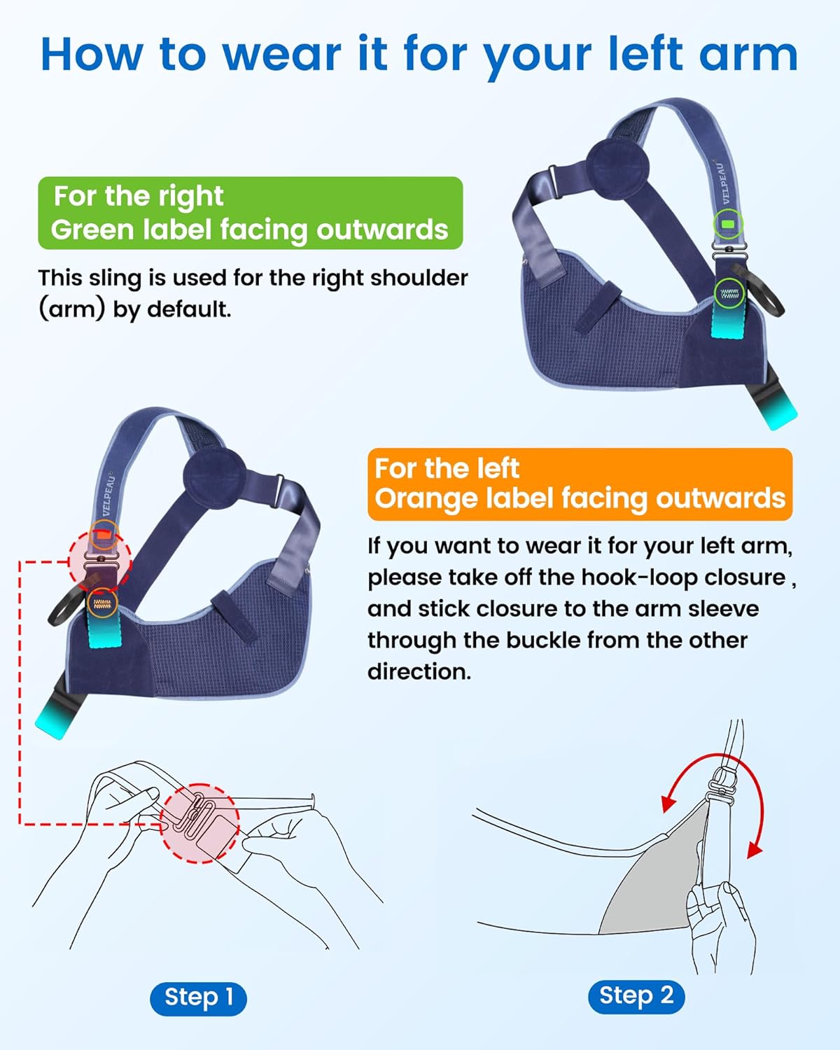 VELPEAU Arm Sling Shoulder Immobilizer for Women and Men, fit Left or Right Arm - Rotator Cuff Support Brace -Medical Sling for Shoulder, Clavicle, Elbow Injury (Breathable type, Large: Bust 33.5″-41″) - Image 8