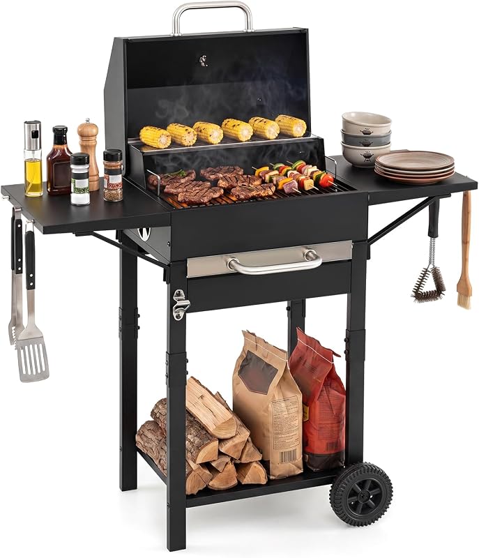 HAPPYGRILL Charcoal Grill with 2 Side Tables,Thermometer & 2 Wheels | 284 sq.in. Outdoor Smoker BBQ Grill with Bottle Opener, Mobile Cooking Grill for Camping Picnic Party, Black