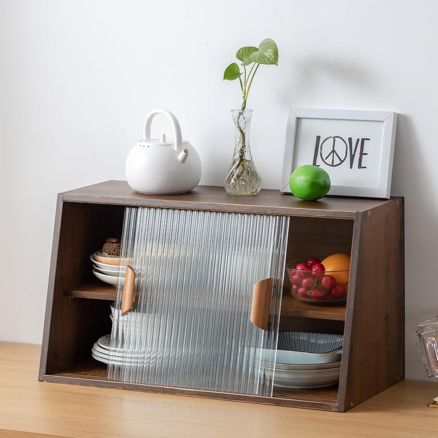 Tiita Small Kitchen Pantry Cabinet, Bamboo Sideboard with Glass Doors, Cupboard Food Pantry Cabinet for Kitchen, Living Room and Dinning Bedroom