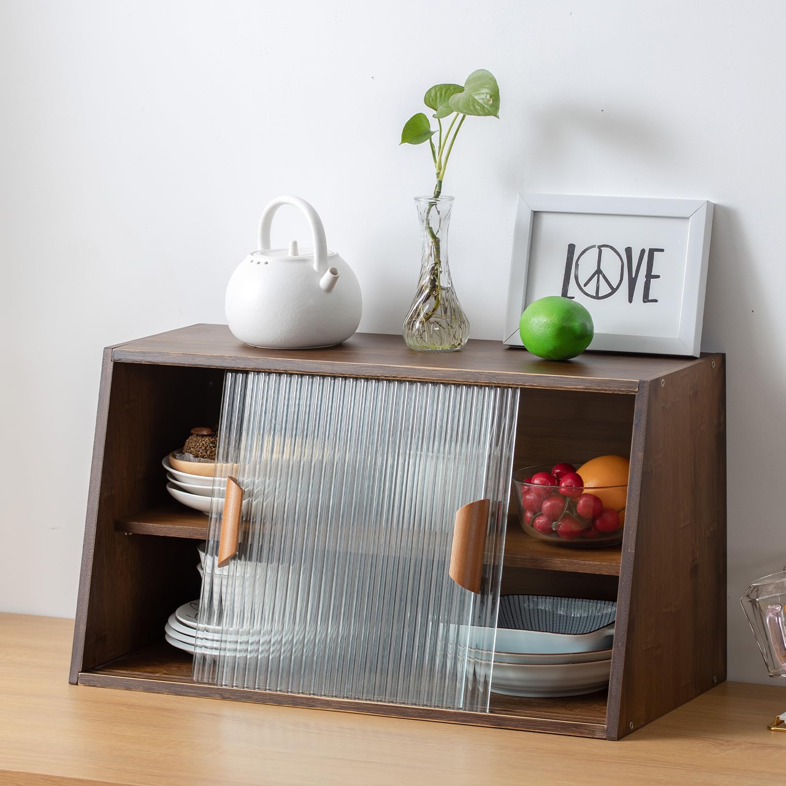 Tiita Small Kitchen Pantry Cabinet, Bamboo Sideboard with Glass Doors, Cupboard Food Pantry Cabinet for Kitchen, Living Room and Dinning Bedroom