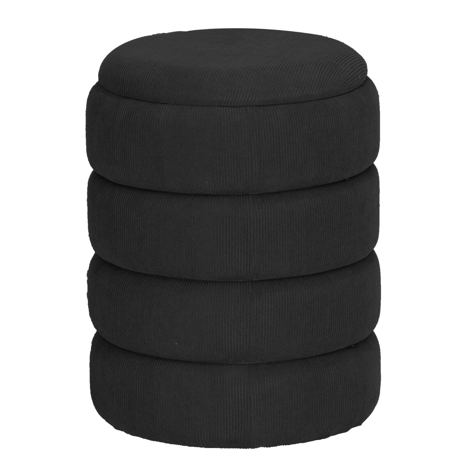 URBNLIVING Soft Velvet Ottoman Storage Pouffe Footstool Dressing Vanity Chair (Black, Round)