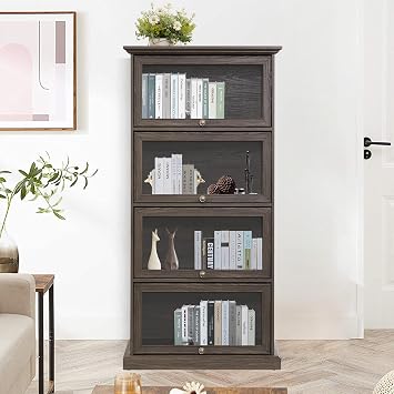 63" Tall Behind the Door Bookshelf with Flip up Glass Doors and Shelves, Farmhouse Barrister Bookcase, Antique Display Curio Cabinet for Office, Living Room, Kitchen, Bathroom Brown