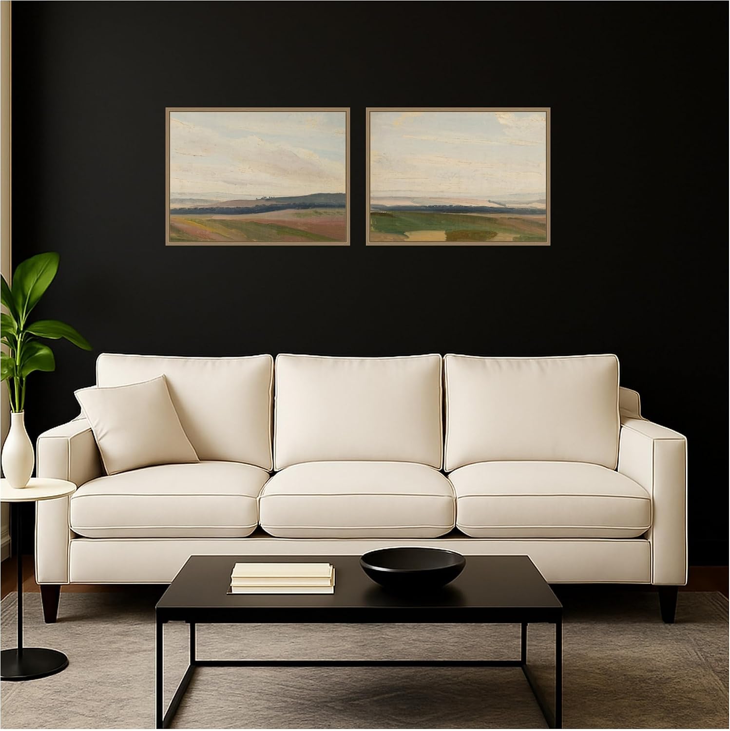 Kate and Laurel Lowland Landscape Sketch Chrystian Breslauer 2 Piece Framed Canvas Wall Art Set by Nostalgia Prints, Sylvie Dark Gold Modern Contemporary, Landscape Art for Wall Decor