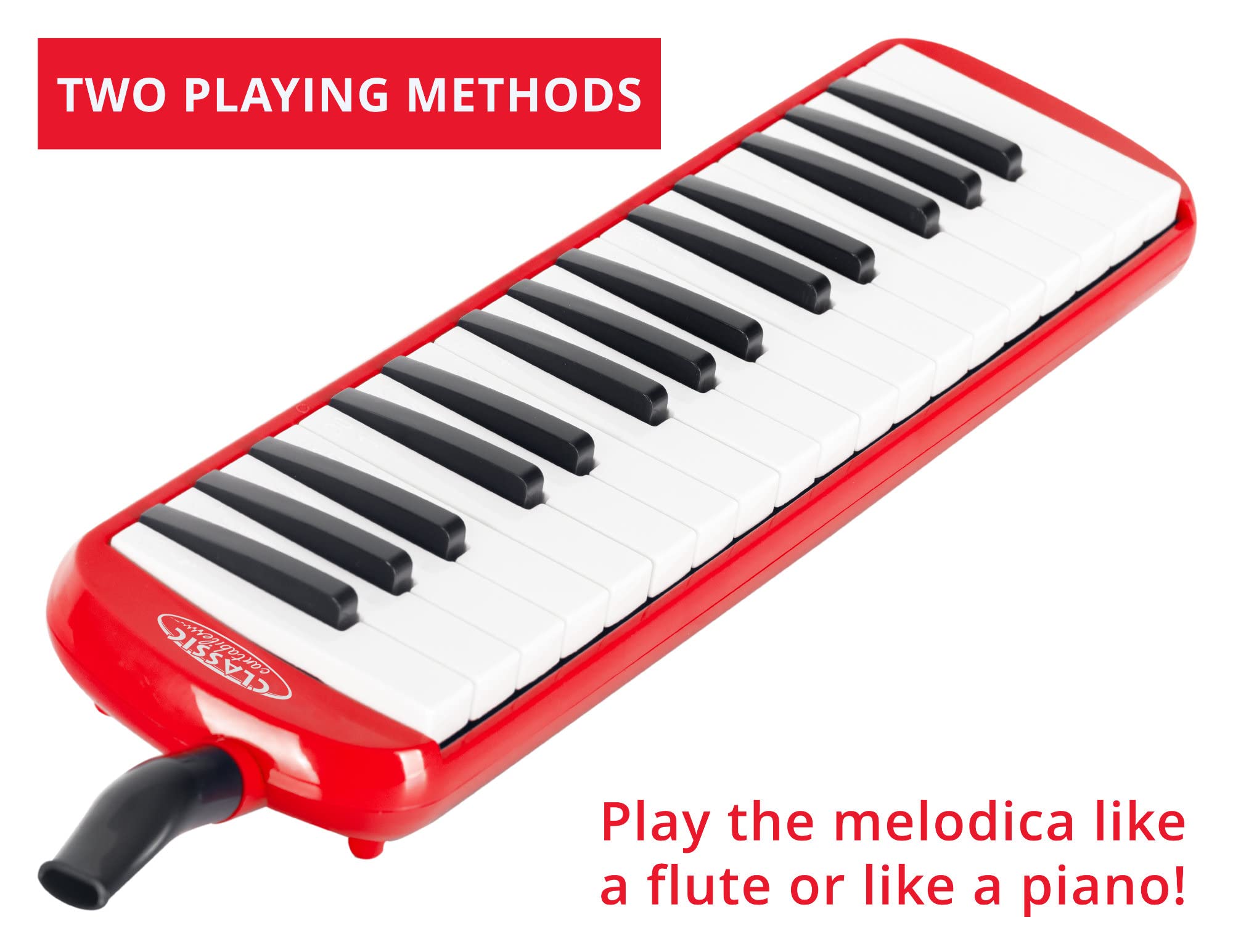 Classic Cantabile FML-32 RD Melodica de 32 teclas (rango f-c³) con folleto de 5 canciones, pegatinas, estuche, boquilla y tubo de soplado. Color rojo.