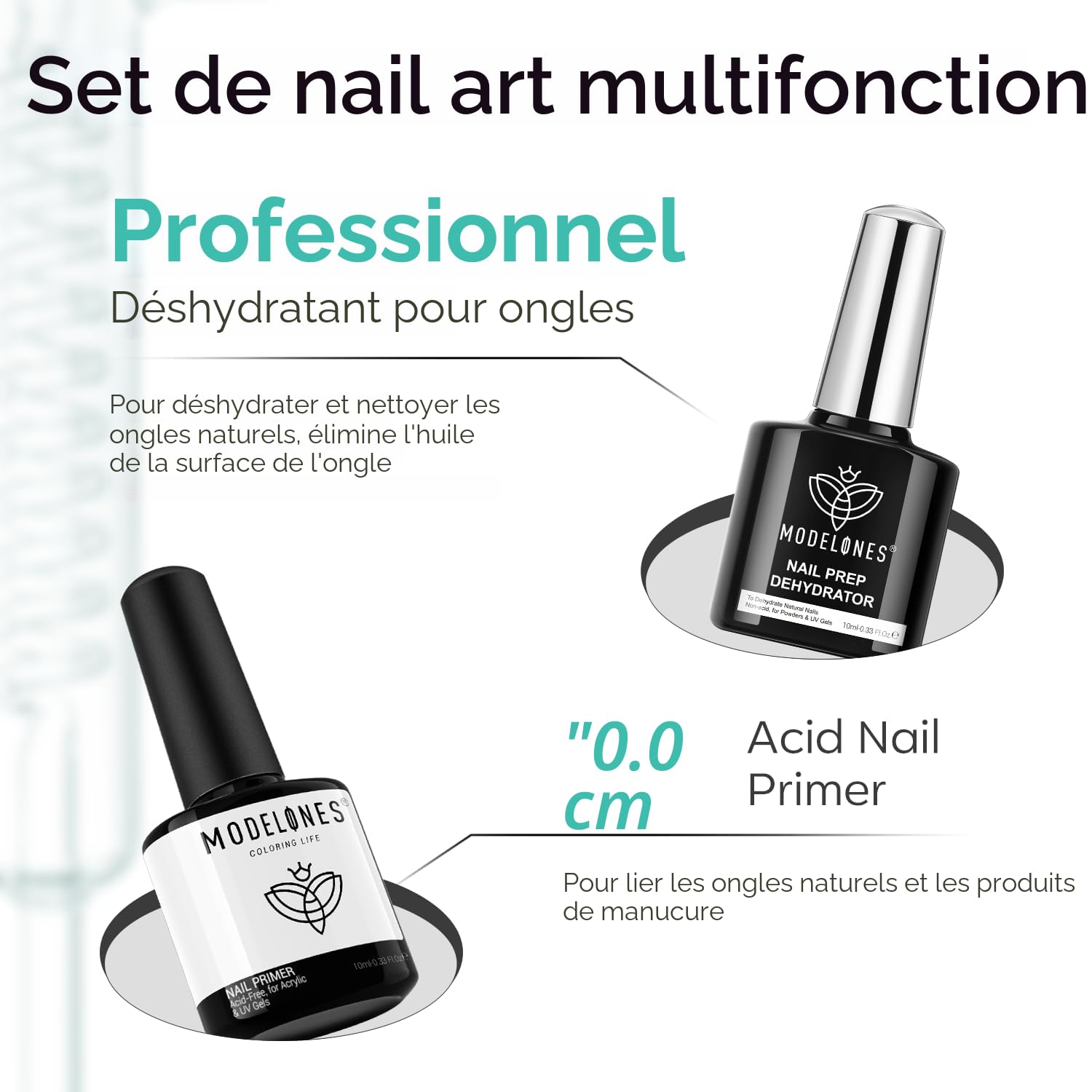 Modelones Base et Top Coat Vernis Semi Permanent avec Primer Ongle Gel UV Nail Prep Déshydrateur Kit pour Vernis à Ongles en Gel UV Manucure 10 ml 4pcs