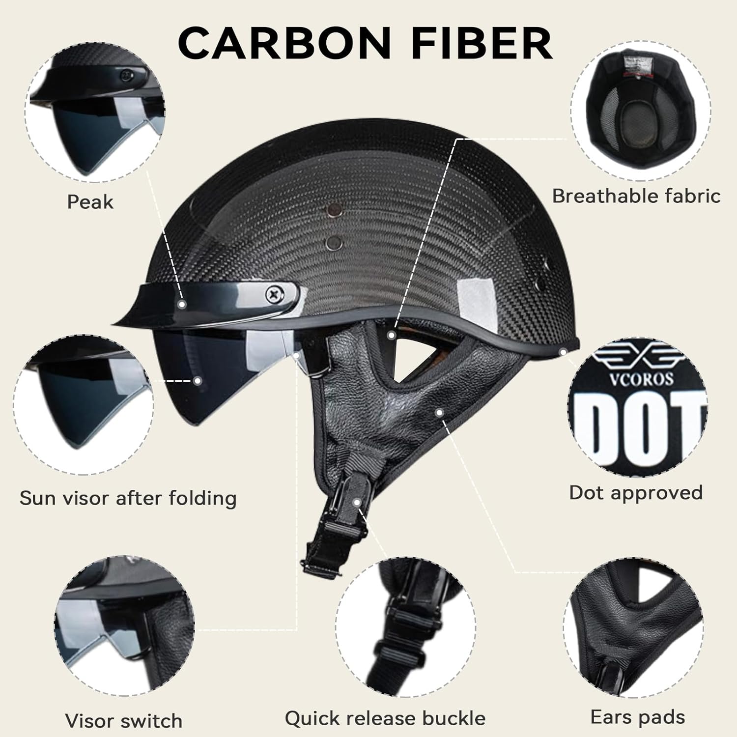 VCOROS Carbon Fiber Open Face Retro Motorcycle Helmets Men Women Half Face Helmets for Motorbike Cruiser Chopper Moped Scooter ATV (Gloss Black, XXL)