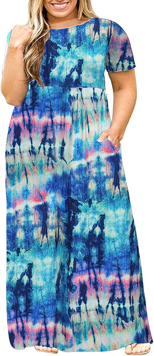 Kancystore Women's Short Sleeve Plus Size Maxi Dress with Pockets Loose Casual Summer Dresses XL-5X