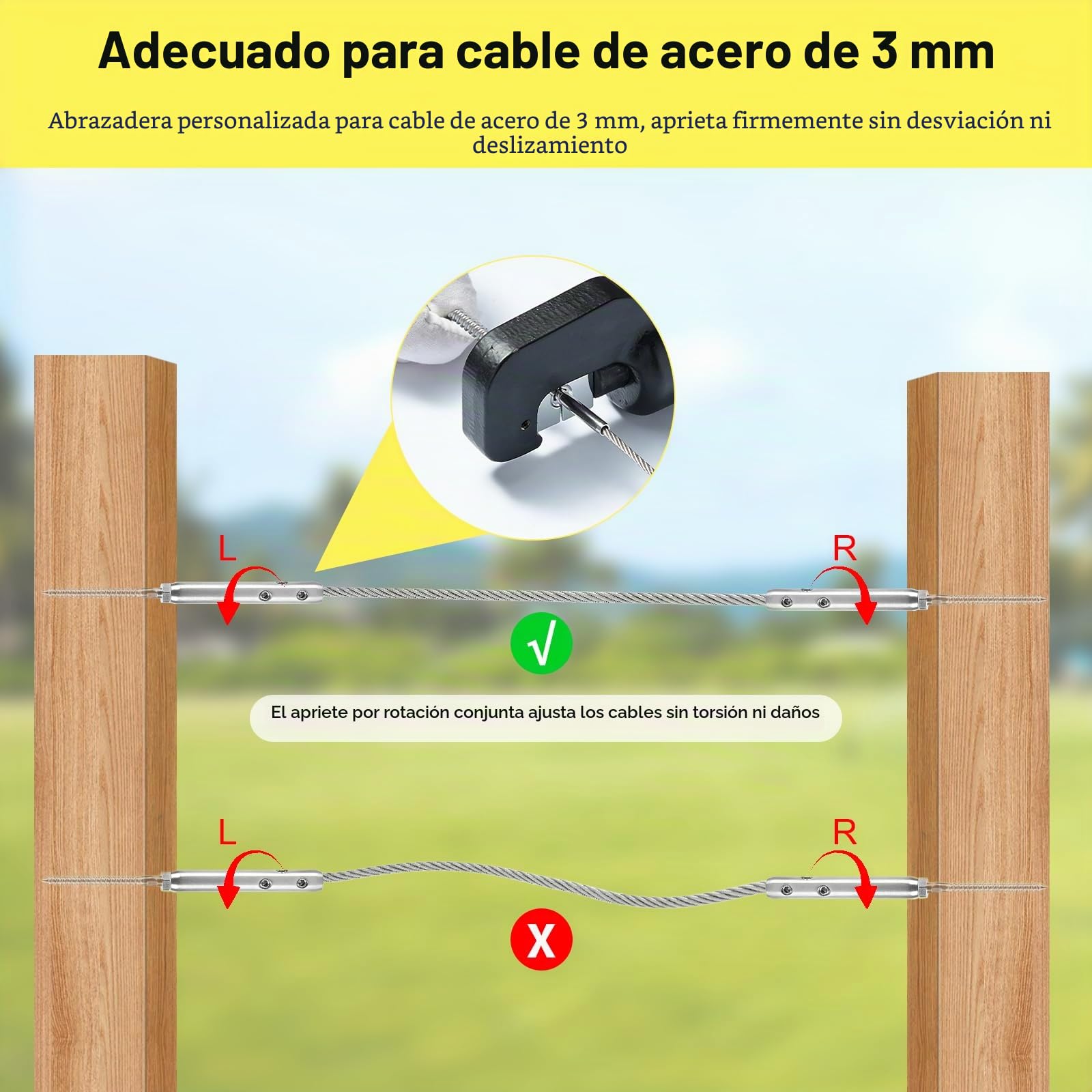 Tensor de alambre para cercas 3 mm Tornillo tensor de acero inoxidable T316 Juego para fijación de cables y barandillas – 10 roscas a derecha y 10 a izquierda (20 unidades)